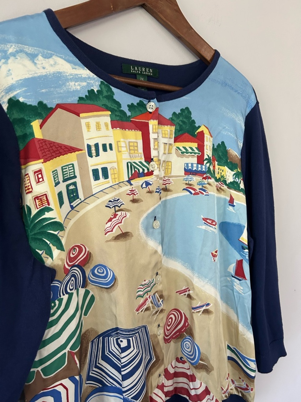 Lauren Ralph Lauren Silk Scenic Print Cardigan Coastal Riviera Size 2X - Picture 2 of 5